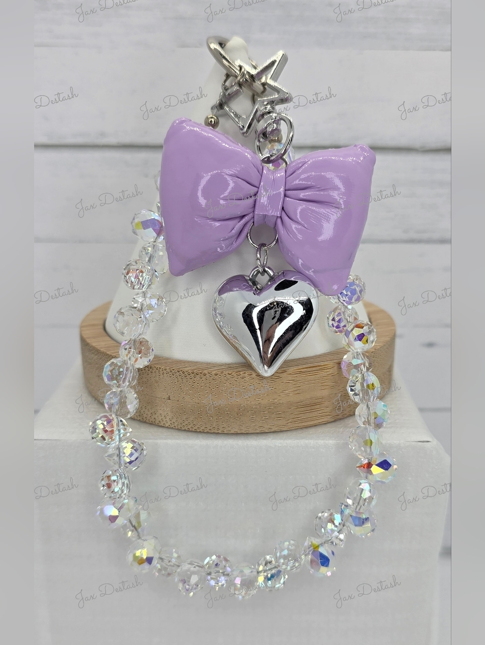 Iridescent Beaded Lavender Bow & Silver Heart Phone/Key Lanyard CH4371